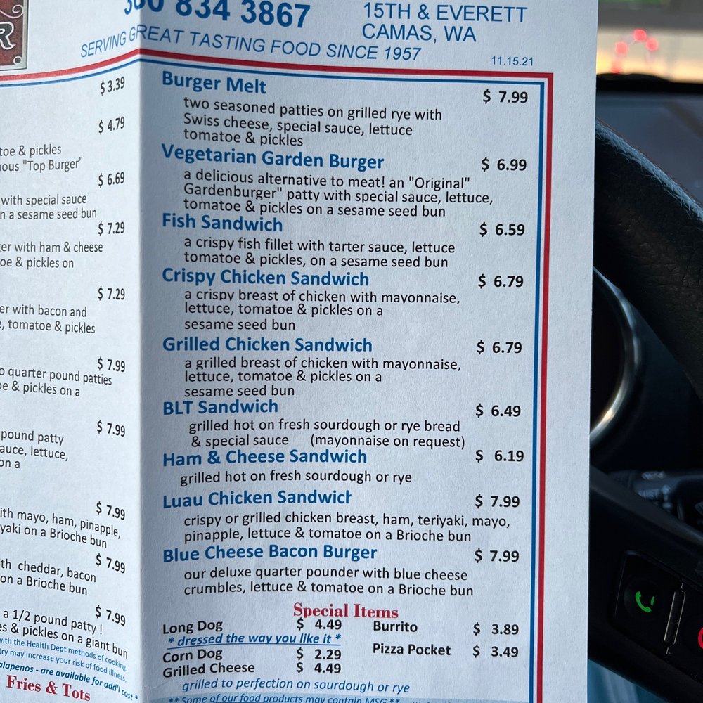 Top Burger - a menu for a fast food restaurant - Burgers Near Me - Camas, Washington Top Burger - a menu for a fast food restaurant - Burgers Near Me - Camas, Washington