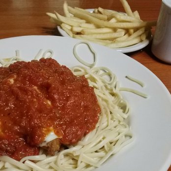 Peppermints Restaurant - Chicken parmesan pasta with side of fries! - Burgers Near Me - Henrietta, New York
