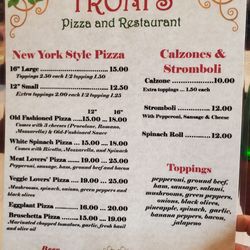 Troni's Italian Restaurant - Pizza side of the menu