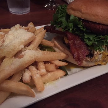 Hops Burger Bar - Carolinan Burger - bacon, fried green tomato, pimento cheese + truffle Parmesan fries. - Burgers Near Me - Greensboro, North Carolina Hops Burger Bar - Carolinan Burger - bacon, fried green tomato, pimento cheese + truffle Parmesan fries. - Burgers Near Me - Greensboro, North Carolina