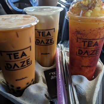 Tea Daze - L-R: thai me down, dirty milk without pearls, mangonada - Bubble Tea Near Me - Stockton, California Tea Daze - L-R: thai me down, dirty milk without pearls, mangonada - Bubble Tea Near Me - Stockton, California