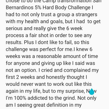 The Camp Transformation Center - there to answer my questions.They kept me pushing my limits every week .This was one of the best experiences I ever - Weight Loss Centers Near Me - San Bernardino, California