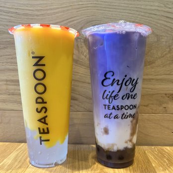 Teaspoon Roseville - Left - Mango Funtime with Crystal Boba and Aloe Vera; Right - Dirty Ube - Bubble Tea Near Me - Roseville, California Teaspoon Roseville - Left - Mango Funtime with Crystal Boba and Aloe Vera; Right - Dirty Ube - Bubble Tea Near Me - Roseville, California