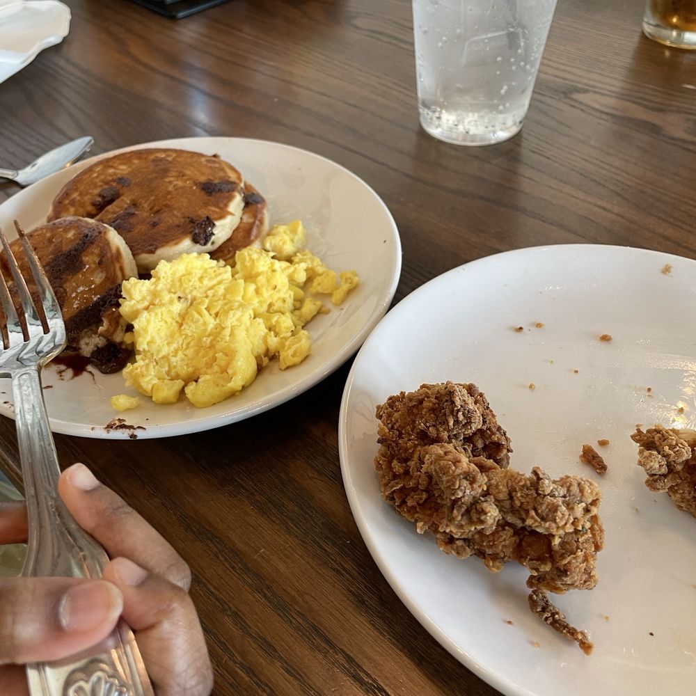 Kids' Chicken Tenders, Kids' Chocolate Chip Pancakes with eggs
