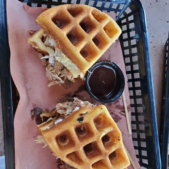 Biggin's Texas BBQ - Cornbread waffle sliders with pulled pork and coleslaw - Barbeque Near Me - Los Banos, California
