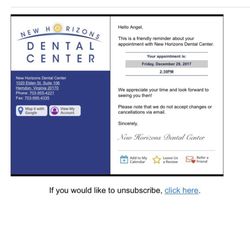 New Horizons Dental Center - This is the email they sent me 1 hour before my appointment. Nowhere here does it say they have cancelled my appointment.