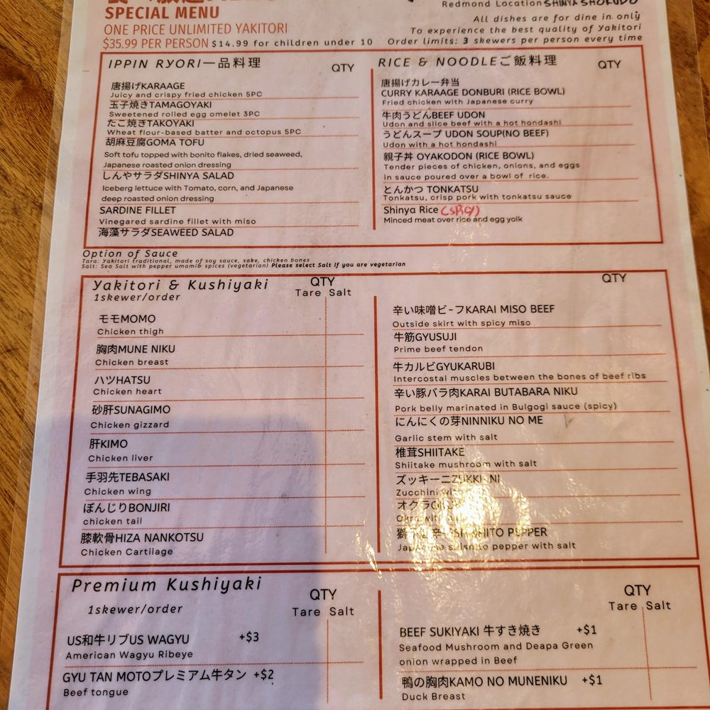 Shinya Shokudo - Redmond - AYCE Menu - Japanese Near Me - Redmond, Washington