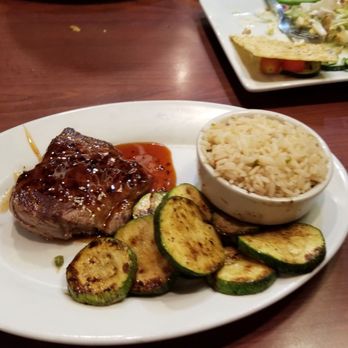 Ruby Tuesday - Bourbon bacon steak, rice and fried zucchini - Burgers Near Me - Gulf Breeze, Florida