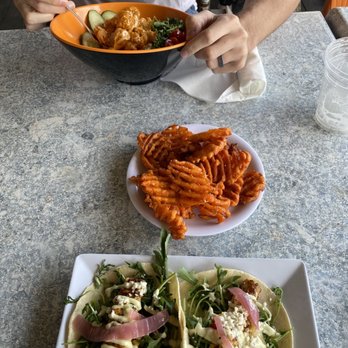 Sand On the Beach - Mahi tacos, sweet potato fry side, bang bang shrimp bowl. - American Near Me - Melbourne Beach, Florida Sand On the Beach - Mahi tacos, sweet potato fry side, bang bang shrimp bowl. - American Near Me - Melbourne Beach, Florida