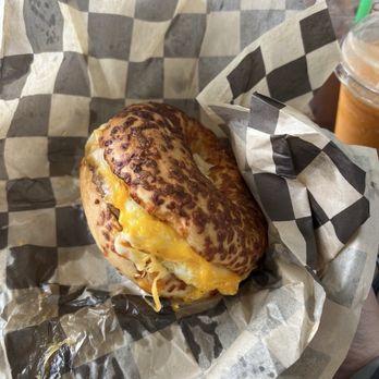 A Shot In the Dark - egg sausage cheese bagel - Coffee & Tea Near Me - Forks, Washington