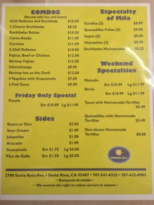 Menu photo 2 Taqueria Mila Santa Rosa, CA Menu photo 2 Taqueria Mila Santa Rosa, CA