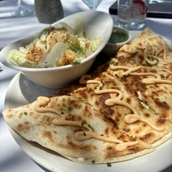 Latitudes - Sunset Key Cottages - Pink shrimp quesadilla with a side Cesar salad - Seafood Near Me - Key West, Florida Latitudes - Sunset Key Cottages - Pink shrimp quesadilla with a side Cesar salad - Seafood Near Me - Key West, Florida
