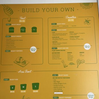 Roots & Rye - A yellow menu board offers customizable dairy-free acai bowls and smoothies, with options for bases, toppings, and add-ons. - Acai Bowls Near Me - Pasadena, California