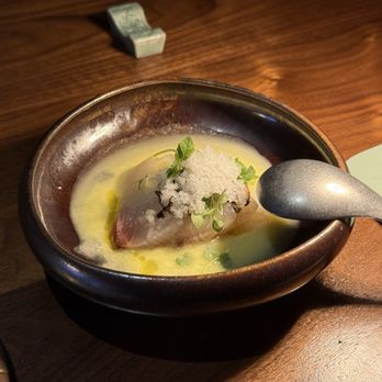 TBD - Crudo: amberjack, melon gazpacho, puffed black rice, granita - Izakaya Near Me - San Francisco, California TBD - Crudo: amberjack, melon gazpacho, puffed black rice, granita - Izakaya Near Me - San Francisco, California