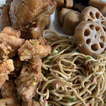 Hifi Cafe - Shoyu chicken, Nishime, garlic chicken and fried noodles! - Asian Fusion Near Me - Aiea, Hawaii