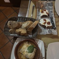Eggplant parmigiana + crostone w stracciecella and cherry tomatoes