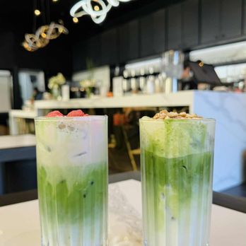 Insomnibar - Strawberry matcha on the left and banana matcha on the right! - Coffee & Tea Near Me - San Jose, California Insomnibar - Strawberry matcha on the left and banana matcha on the right! - Coffee & Tea Near Me - San Jose, California