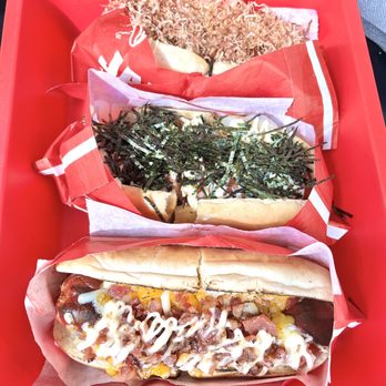 Japadog - Okonomi, Kurobuta terimayo, Bacon Cheese - Japanese Near Me - Vancouver, British Columbia Japadog - Okonomi, Kurobuta terimayo, Bacon Cheese - Japanese Near Me - Vancouver, British Columbia