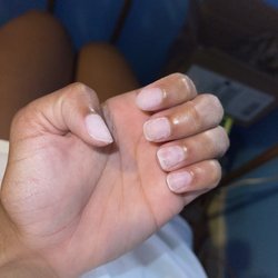 Nails left all different shapes, sizes and lengths and not buffered out at all. Went home in attempt to fix them myself