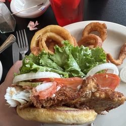 The Main Street cafe - Fish sandwich and onion rings.