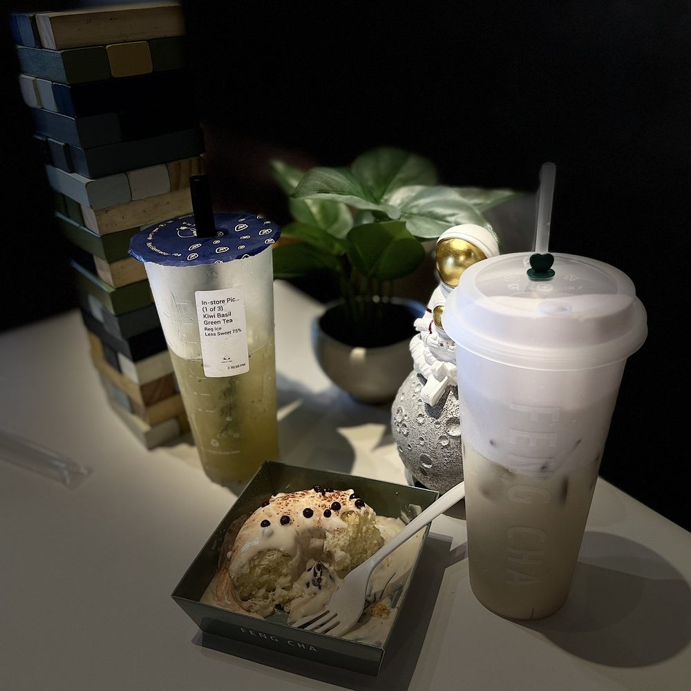 Feng Cha - Kiwi basil seeds green tea, tiramisu mini cake, & milk tea with taro milk foam - Bubble Tea Near Me - Morrisville, North Carolina Feng Cha - Kiwi basil seeds green tea, tiramisu mini cake, & milk tea with taro milk foam - Bubble Tea Near Me - Morrisville, North Carolina