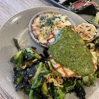 Pacific Catch - Salmon fresh catch with Asian chimichurri and thai brussels and crab mashed potatoes - Sushi Bars Near Me - Santa Clara, California Pacific Catch - Salmon fresh catch with Asian chimichurri and thai brussels and crab mashed potatoes - Sushi Bars Near Me - Santa Clara, California