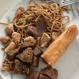 Leftover Beef, Chicken, Noodles, Egg Roll. Plenty of food and delicious reheated too. Leftover Beef, Chicken, Noodles, Egg Roll. Plenty of food and delicious reheated too.