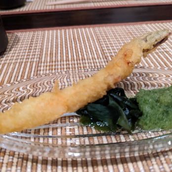 Hana Izumi - Feb'23 dinner menu: Shrimp tempura with cucumber vinaigrette and seaweed - Japanese Near Me - Millbrae, California