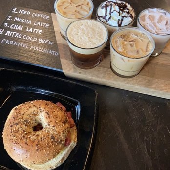 The Roasted Bean - Iced coffee flight and bacon, egg and cheese on everything bagel - Coffee & Tea Near Me - Bristol, Connecticut