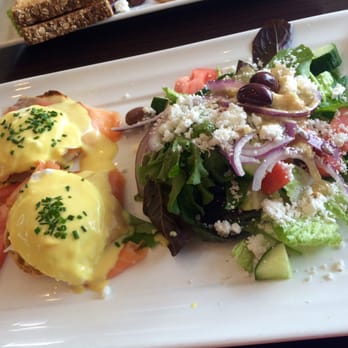 Evviva Breakfast & Lunch - Great Salmon Benedict with greek salad - Breakfast & Brunch Near Me - Vaughan, Ontario