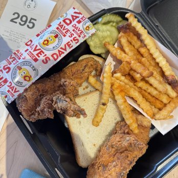Dave's Hot Chicken - 2 tenders, fries, bread, pickles and sauce - Chicken Shop Near Me - Lakewood, Ohio