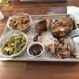 Smoked chicken-pulled pork-red beans & rice-southern green beans