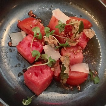 Tuome - NYC restaurant week: Heirloom tomato salad with Parmesan flakes, watercress and watermelon - New American Near Me - New York, New York Tuome - NYC restaurant week: Heirloom tomato salad with Parmesan flakes, watercress and watermelon - New American Near Me - New York, New York