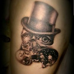 Illusions Ink House - Colloge piece of a Skull w Realistic human eye. Zoom in to see the futuristic city in the nose.  And 2 children walking into a black hole.