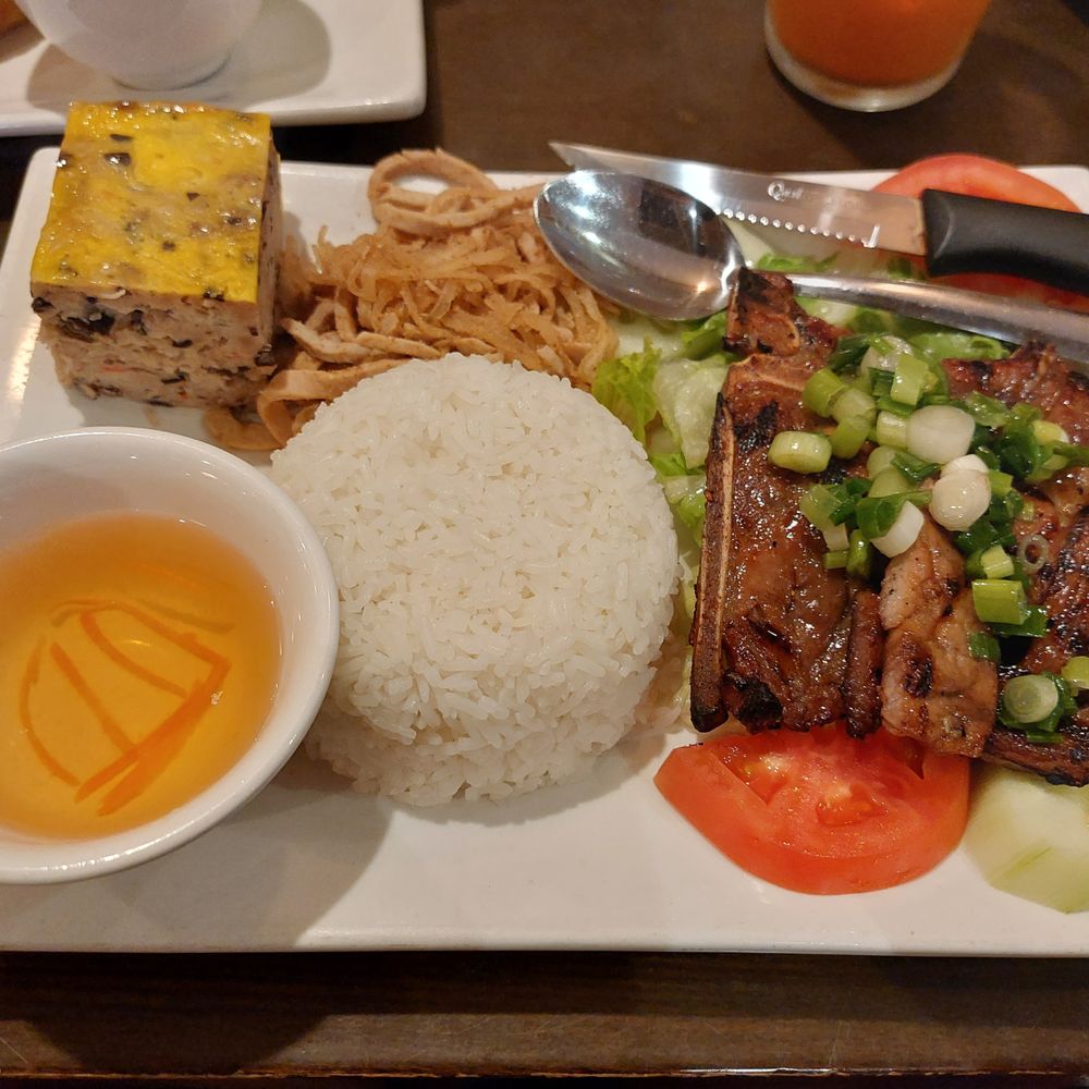 Pho Binh Duong - Grilled Lemongrass Pork Chop on Rice with Shredded Pork Grind and Pork Patty - Vietnamese Near Me - Parsippany-Troy Hills, New Jersey Pho Binh Duong - Grilled Lemongrass Pork Chop on Rice with Shredded Pork Grind and Pork Patty - Vietnamese Near Me - Parsippany-Troy Hills, New Jersey