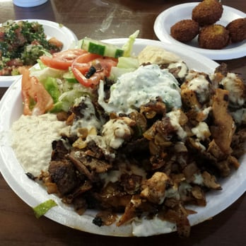 Nazareth Bread - Mixed shawarma platter - chicken and lamb. Hummus, Greek salad, tabouli, and falafel! - Mediterranean Near Me - Greensboro, North Carolina