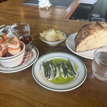 The Salty Pearl - Shrimp cocktail, boquerones (anchovy fillets) and bread. - Seafood Near Me - Oakland, California