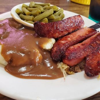 Home Sweet Home Cafe - Polish Sausage and Sauerkraut with green beans and Mashed Potatoes and Gravy - American Near Me - Escondido, California Home Sweet Home Cafe - Polish Sausage and Sauerkraut with green beans and Mashed Potatoes and Gravy - American Near Me - Escondido, California