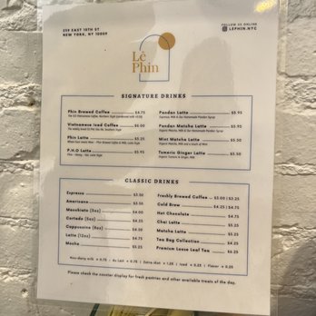 Le Phin - Menu as of 4/17/22 - Coffee & Tea Near Me - New York, New York