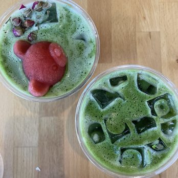 Ceremony - Iced Rose Matcha with Strawberry Teddy (top left), Strawberry Matcha (bottom right) - Tea Rooms Near Me - Providence, Rhode Island Ceremony - Iced Rose Matcha with Strawberry Teddy (top left), Strawberry Matcha (bottom right) - Tea Rooms Near Me - Providence, Rhode Island