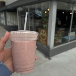 strawberry, banana smoothie w/ oat milk & peanut butter. had to opt out of the additional sugar they add to their smoothies apparently. strawberry, banana smoothie w/ oat milk & peanut butter. had to opt out of the additional sugar they add to their smoothies apparently.