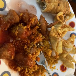 S&S chicken that is only sour, weird yellow rice, stale crab cheese appetizers, and mushy cabbage stale egg roll. S&S chicken that is only sour, weird yellow rice, stale crab cheese appetizers, and mushy cabbage stale egg roll.