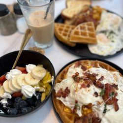 Café 413 - Iced latte, loaded waffle, fruit bowl, classic breakfast