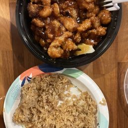 Orange Chicken, that didn't taste like orange chicken, and fried rice. Orange Chicken, that didn't taste like orange chicken, and fried rice.