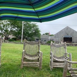 a row of chairs under an umbrella