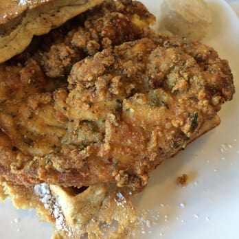 Dame's Chicken & Waffles - A Quilted Buttercup: cutlet sandwiched between 2 "petite" sweet potato waffles (they're huge!!!) - Southern Near Me - Durham, North Carolina