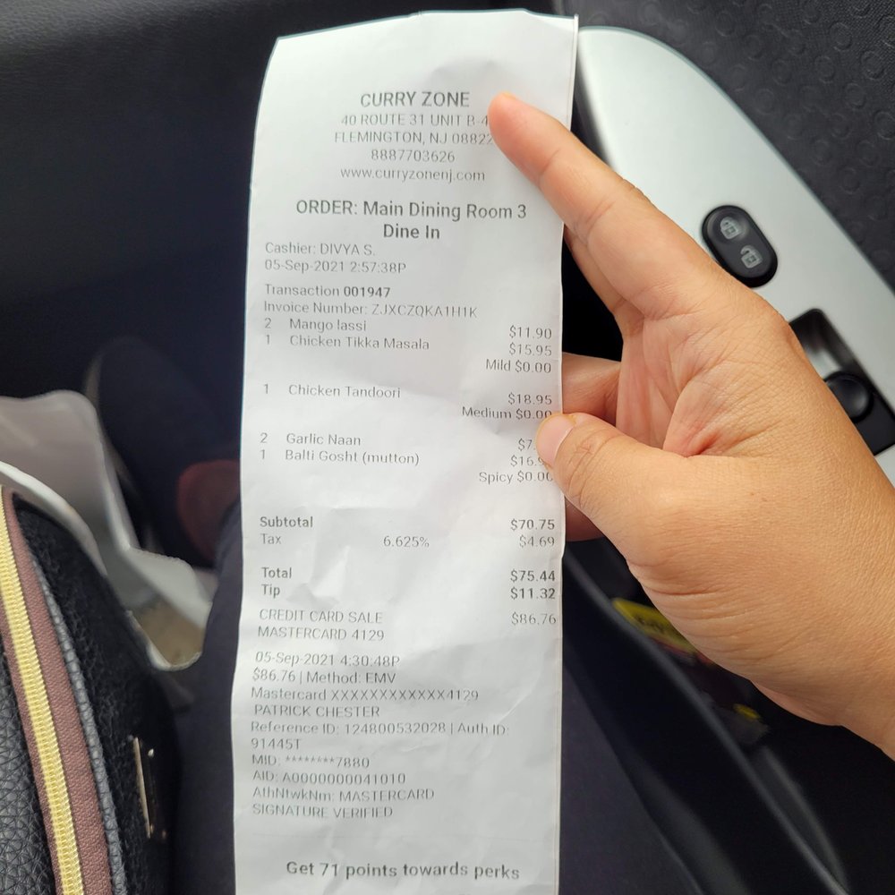 Curry Zone - Photo 1: Our receipt with prices paid - Indian Near Me - Flemington, New Jersey