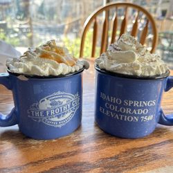 The Frothy Cup - Carmel swirl latte and hot coco with homemade whip cream