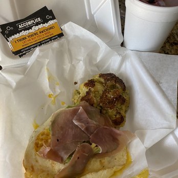 Accomplice for Breakfast - The morning after sandwich on and English muffin I took off the top and I also got a smoothie and a breakfast potato - Breakfast & Brunch Near Me - Laramie, Wyoming