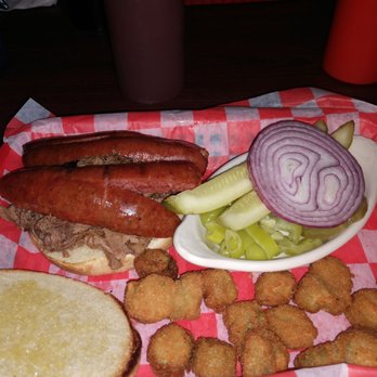 Buck's BBQ and Steakhouse - Chopped beef sandwich topped with hot link sausage, okra and all the fixins - Barbeque Near Me - Sedan, Kansas